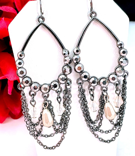 Glamorous Chandelier Dangle Statement Earrings - Teardrop Hoops, Rhinestones, Faux Pearls - Gunmetal