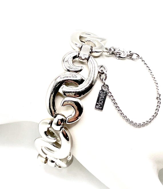 Vintage Monet Silver Plated Link Bracelet w/ Safety Chain Mid Century Era