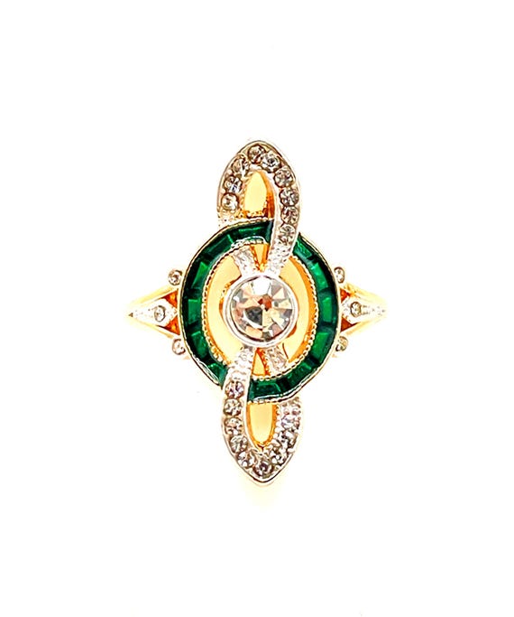 Art Deco Crystal Infinity Statement Ring Green Enamel Gold Tone Size 7.5 Cocktail Jewelry