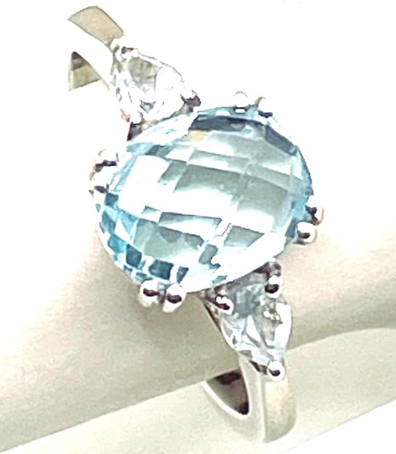 Vintage 925 Sterling Silver Blue Topaz Oval Checkerboard-Cut Filigree Ring – Size 7.25