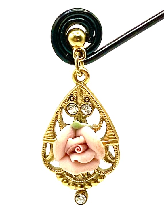 Vintage 1928 Jewelry Co. Pink Porcelain Rose Dangle Earrings