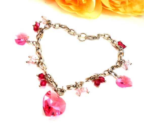 Pink Crystal Heart Charm Bracelet Silver Plated 7.5"L Delicate Feminine