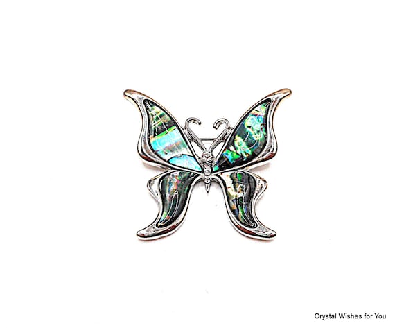 Abalone~ Paua Shell Butterfly Brooch Pin Silver Tone 1.75"
