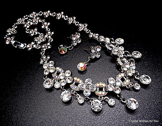 Sparkling Rhinestone Dangle Drop Necklace Set - Choker Style, Floral Pattern - Silver Tone - Perfect for Special Occasions