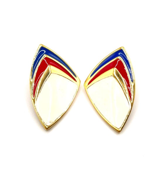 Vintage Monet Red White Blue Geometric Gold Plated Clip Earrings 1980s