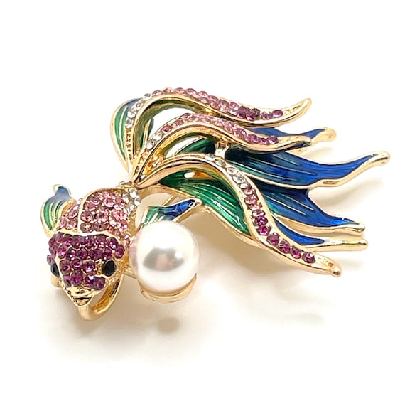 Stunning Koi Betta Fish Brooch or Pendant – Enamel & Rhinestone Details