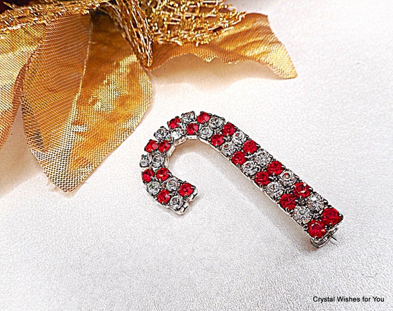 Christmas Candy Cane Brooch Pin DBL Row Red and Clear Glass Rhinestones, Silver Tone Metal
