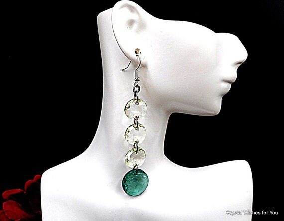 Retro Vintage Aqua Crackle Linear Dangle Earrings, 1980's Lucite Disc Beads, Silver Tone, Lightweight, Unsigned Designer