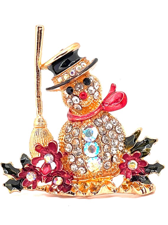 Vintage-Style Snowman Brooch - Pin • Pave Rhinestones - AB Crystals • Enamel - Poinsettias in Gold Tone