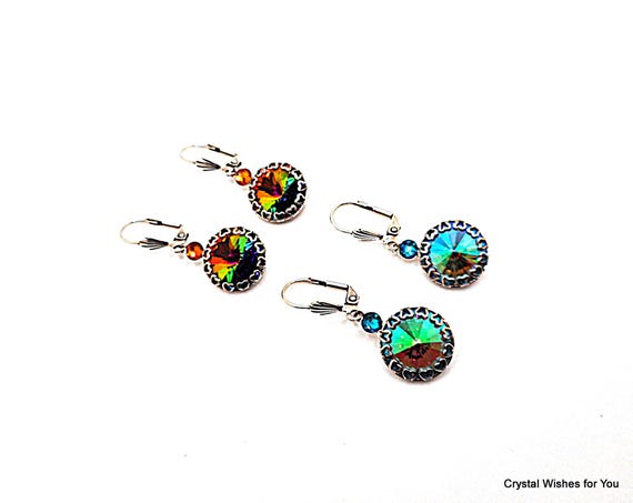 Swarovski Rivoli Crystal Dangle Earrings Lever Back - Handmade - Choice of Color