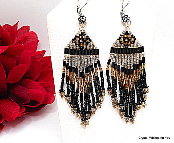 Glass Bead Fringe Dangle Earrings Geometric Design Sterling Silver Wire Hooks