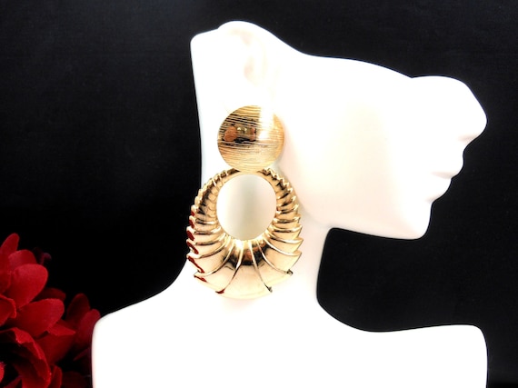 Oval Hoop Dangle Statement Earrings Gold Tone