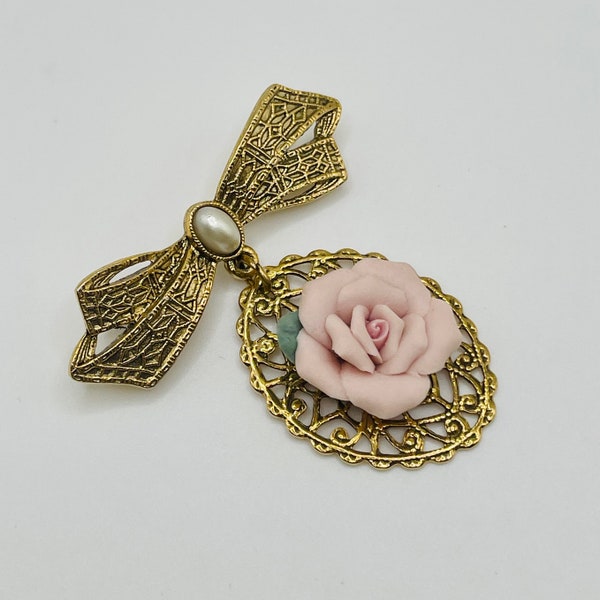 Victorian Style Pink Porcelain Rose Filigree Dangle Pin - 1928 Jewelry Co - Vintage, Retired Collection