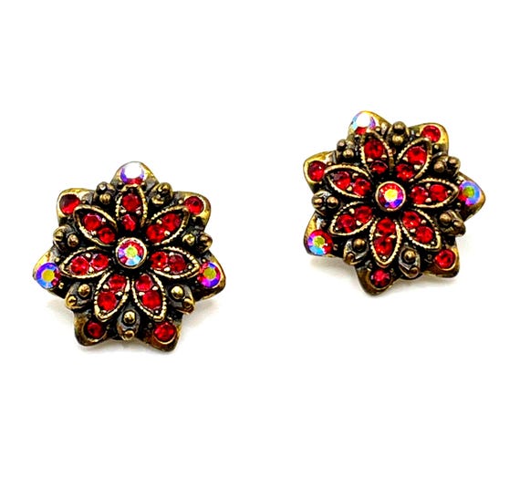 Vintage 1928 Jewelry Red Rhinestone AB Crystal Flower Clip Earrings Holiday Statement Jewelry
