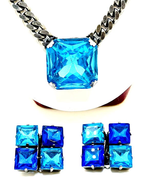 Vintage Electric Blue Square Rhinestone Pendant Necklace & Clip-On Earring Set – Signed Germany