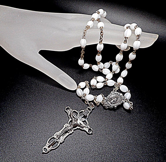 Catholic Rosary Crucifix Miraculous Medal White Cat's Eye Glass Oval Beads - Roma Italy - 1950's