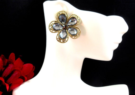 Pretty Rhinestone Floral Statement Earrings - Teardrop Shaped Silver Petals, Topaz Center, Gold Tone Metal - Excellent Condition