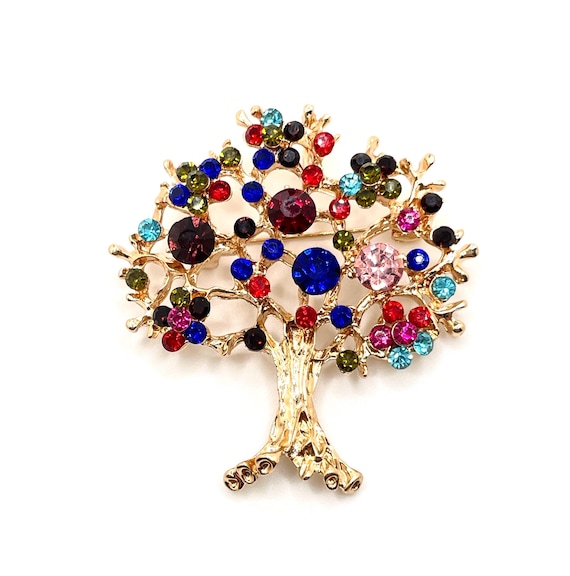 Vibrant Tree of Life Brooch Pendant | Multicolor Rhinestone Jewelry | Gold Tone Openwork Design | 2" Statement Pin for DIY or Gift