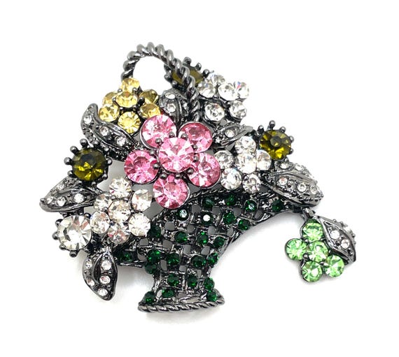 Vintage Style Rhinestone Flower Basket Brooch or Pendant – Multi-Color Stones, Gunmetal Finish