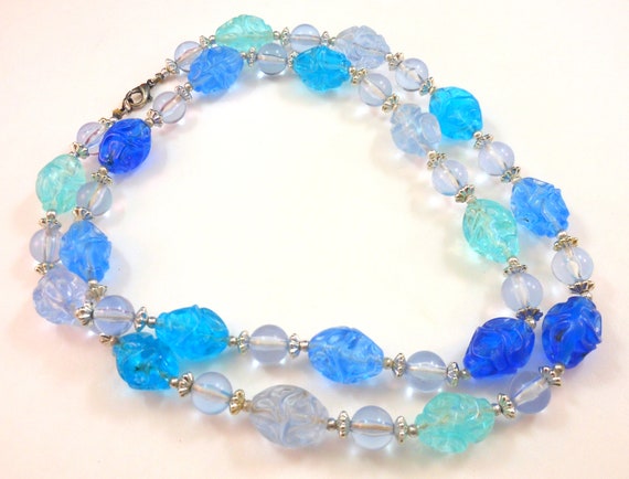 Vintage Blue Molded Plastic Lucite Bead Necklace Single Strand 30" Long