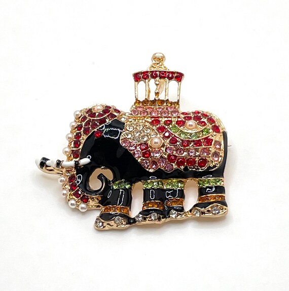 Jeweled Black Enamel Elephant Brooch or Pendant