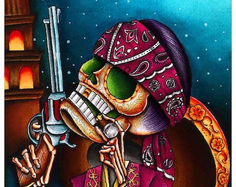 May include: A colourful illustration of a skeleton wearing a pink jacket, a purple bandana, and holding a gun. The skeleton has green eyes and a gold tooth. The background is a dark blue with stars and a crescent moon.