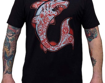 SHARK Men's Graphic Tee | Mens Traditional Tattoo Tee | Mens Tattoo Art TShirt | Mens Graphic Tees | Tattoo Gift Tee | Tattoo Art Shark
