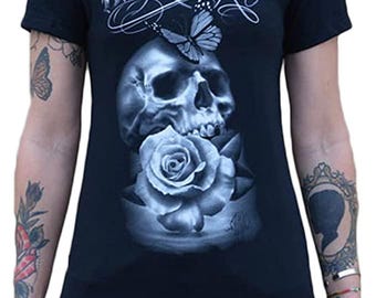 IMMORTAL Girls Graphic Loose Neck T-Shirt | Butterfly Tattoo Art Tee | Womens TShirt | Tattoo Art Tee | Girls Graphic Tees | Great Gift Tee