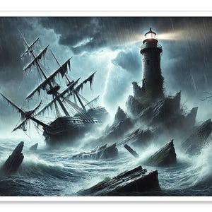 May include: A digital art print depicting a stormy seascape with a wrecked ship and a lighthouse. The dark, dramatic scene features a tall lighthouse on a rocky island, illuminated by a bright light. A ship is wrecked in the turbulent sea.