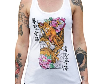 May include: White tank top with a graphic print of a golden dragon with pink flowers and the text "龍頭母海" in black.