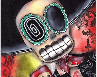 May include: A colourful illustration of a Day of the Dead skeleton wearing a black sombrero and a red and white polka dot tie. The skeleton has green and black eye makeup and is holding a red bottle.