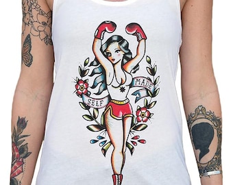 SELF MADE grafische tanktop met racerback voor meisjes | Girlpower-T-shirt | Grafische tanktop dames | Trainingsshirt voor meisjes | Tattoo Art-T-shirts Motivatie-T-shirt