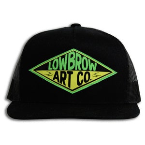 May include: Black trucker hat with a green and yellow diamond-shaped patch that says "Lowbrow Art Co."