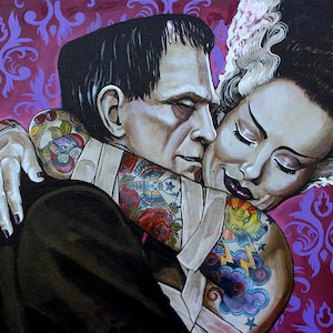 UNDYING LOVE Frankenstein and Bride of Frankenstein by Mike Bell Gallery Quality Stretched Canvas Art Print Made in USA and Ready to Hang