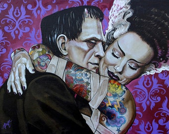 UNDYING LOVE Frankenstein and Bride of Frankenstein by Mike Bell Gallery Quality Stretched Canvas Art Print Made in USA and Ready to Hang