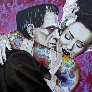 UNDYING LOVE Frankenstein & Bride of Frankenstein Art Print | Classic Horror Art | Vintage Monster Wall Décor | 12x18 Unframed or Framed