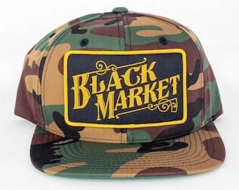 Black Market Art Company Camouflage Gold Patch Snapback Hat |  Patch Snap Back Hat | Baseball Hats | Hats with Sewn on Patches | Camo Hats