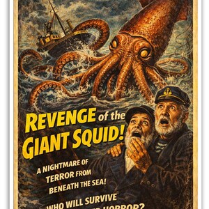 Puede incluir: Póster de estilo vintage titulado "¡Revenge of the Giant Squid!" que muestra un calamar gigante atacando un barco. El póster tiene un aspecto envejecido con texto: "From the Depths of Hell!" y "A Nightmare of Terror From Beneath the Sea!"