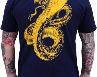 GOLDEN COBRA Men&#39;s Graphic Tee, Mens Traditional Tattoo Tee, Mens Tattoo Art TShirt, Mens Graphic Tees Tattoo Art Cobra Art by Tim Hendricks