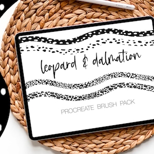May include: A digital illustration of a Procreate brush pack featuring leopard and dalmatian print patterns. The patterns are black and white and are arranged in a wavy design.