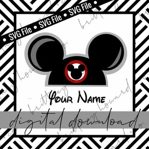 May include: Black and white Mickey Mouse head silhouette with a red circle around the ears. The text "Your Name" is written below the head. The image has a black and white checkered background.