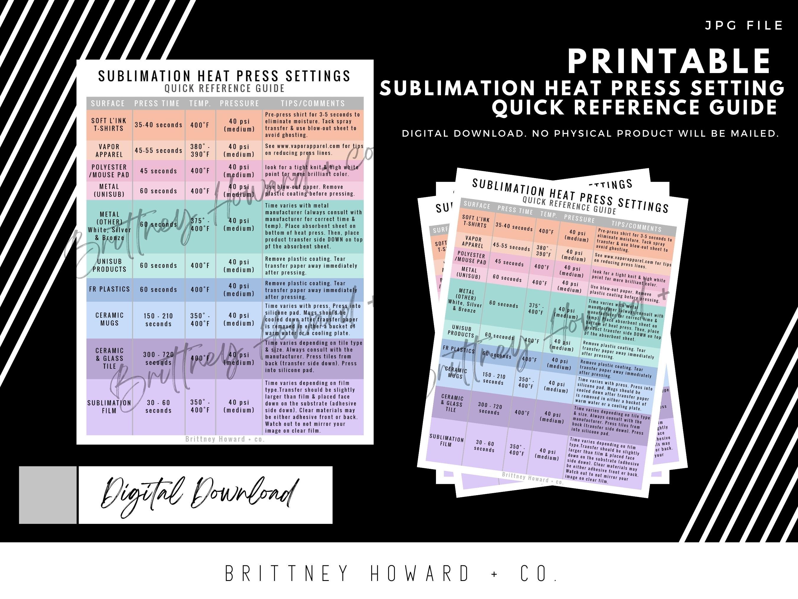 Cheat Sheet Sublimation Time Temp Sublimation Heat Press Tem