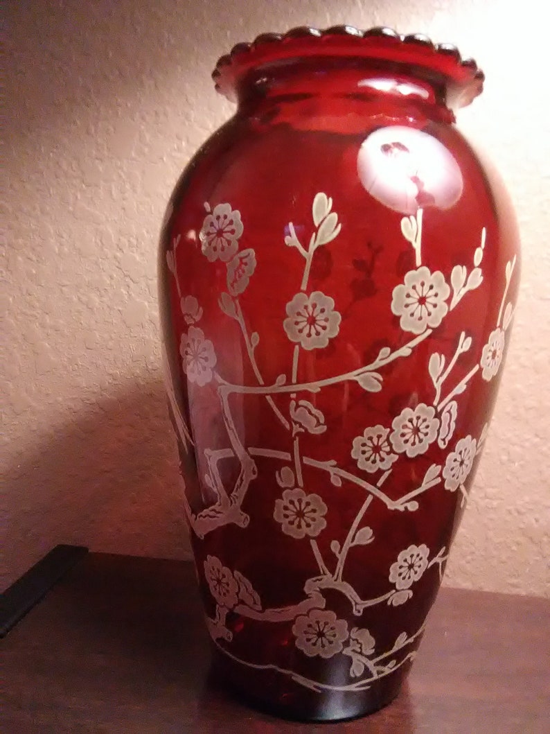 Ruby Red Etched Glass Vase/ Flowered Trees/ Mother Bird Etsy
