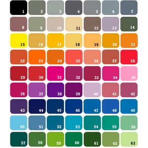 Puede incluir: Una carta de muestra de color con 70 cuadrados de diferentes colores, numerados del 1 al 70. Los cuadrados est&aacute;n dispuestos en una cuadr&iacute;cula de 10 columnas y 7 filas. Los colores van del negro al blanco, con tonos de gris, marr&oacute;n, amarillo, naranja, rojo, rosa, morado, azul, verde y turquesa.