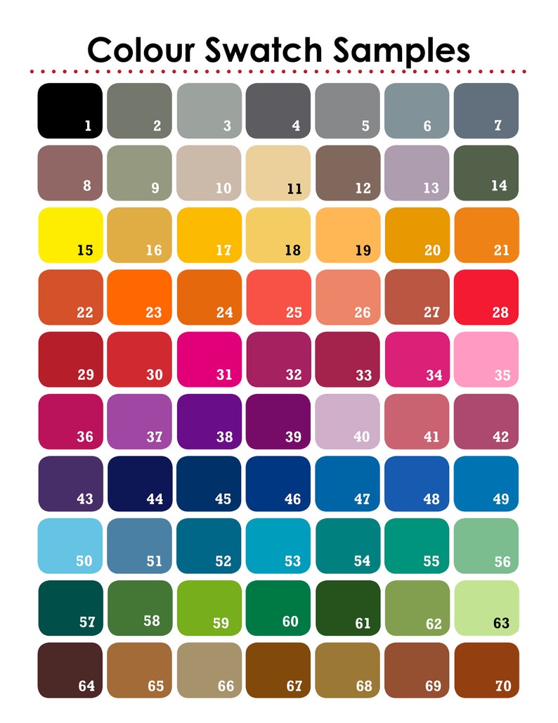 Puede incluir: Una carta de muestra de color con 70 cuadrados de diferentes colores, numerados del 1 al 70. Los cuadrados est&aacute;n dispuestos en una cuadr&iacute;cula de 10 columnas y 7 filas. Los colores van del negro al blanco, con tonos de gris, marr&oacute;n, amarillo, naranja, rojo, rosa, morado, azul, verde y turquesa.