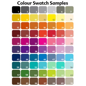 Pu&ograve; includere: Una cartella colori con 70 quadrati di colori diversi disposti in una griglia. I quadrati sono numerati da 1 a 70.