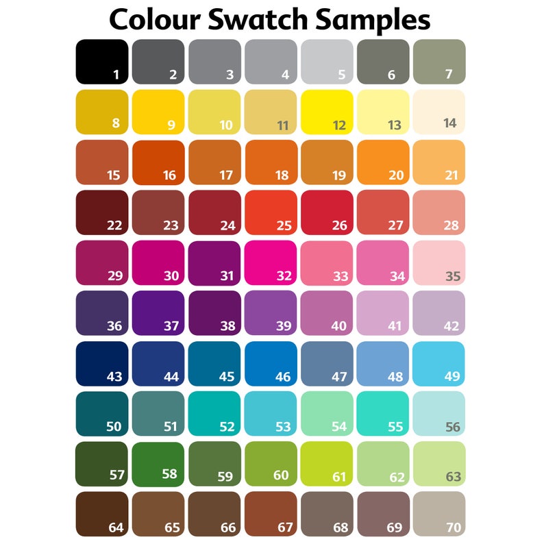 Pu&ograve; includere: Una cartella colori con 70 quadrati di colori diversi disposti in una griglia. I quadrati sono numerati da 1 a 70.