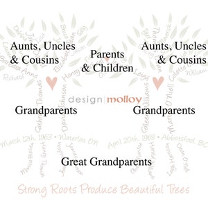 Pu&ograve; includere: Uno sfondo bianco con due alberi stilizzati con nomi scritti sui rami. Gli alberi sono collegati da un cuore. Il testo "design molloy" &egrave; al centro dell'immagine. Il testo "Strong Roots Produce Beautiful Trees" &egrave; in basso nell'immagine.