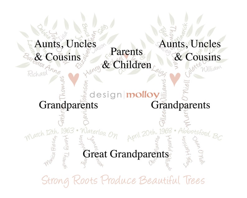 Pu&ograve; includere: Uno sfondo bianco con due alberi stilizzati con nomi scritti sui rami. Gli alberi sono collegati da un cuore. Il testo "design molloy" &egrave; al centro dell'immagine. Il testo "Strong Roots Produce Beautiful Trees" &egrave; in basso nell'immagine.