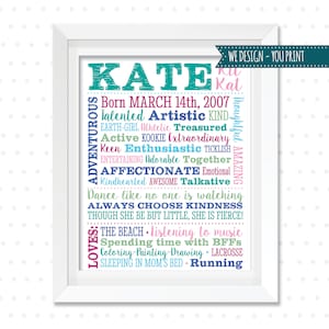 Pode incluir: Uma impressão de arte de palavras colorida com o nome "Kate" em letras grandes turquesa. A impressão apresenta uma lista de palavras que descrevem a personalidade de Kate, incluindo "aventureira", "artística", "amigável", "pensativa", "incrível" e "afetuosa". A impressão também inclui sua data de nascimento, "14 de março de 2007".